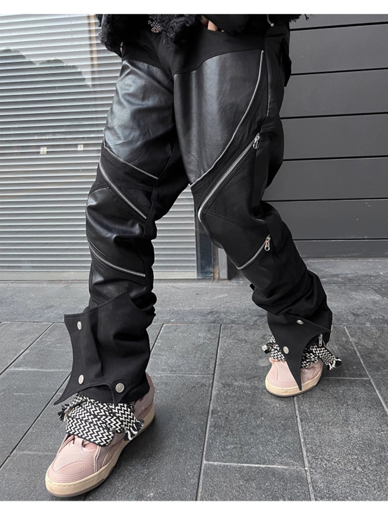 Black Patchwork Zipper Leather Pants