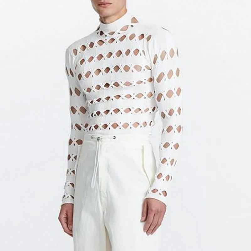 Solid Color Turtleneck Long Sleeve Hollow T-Shirt