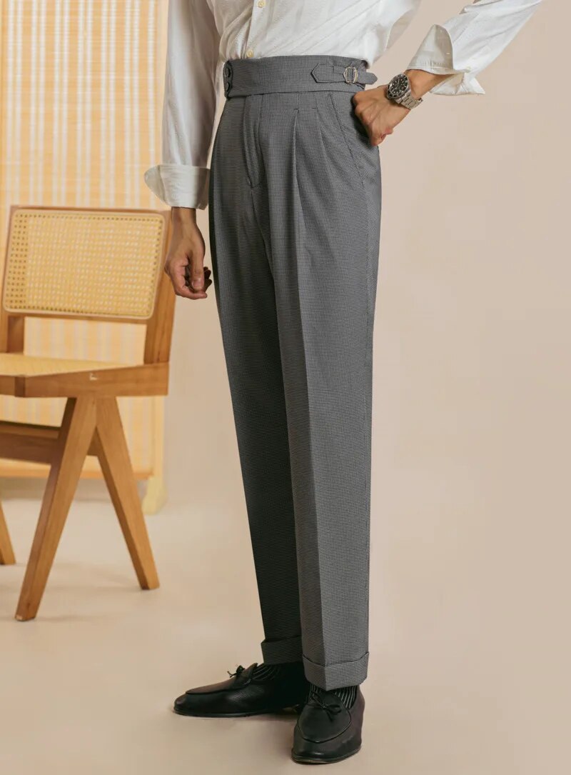 Black Mini Plaid Draped Trousers