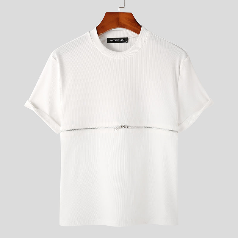 Zipper Solid Color Short Sleeve T-Shirt
