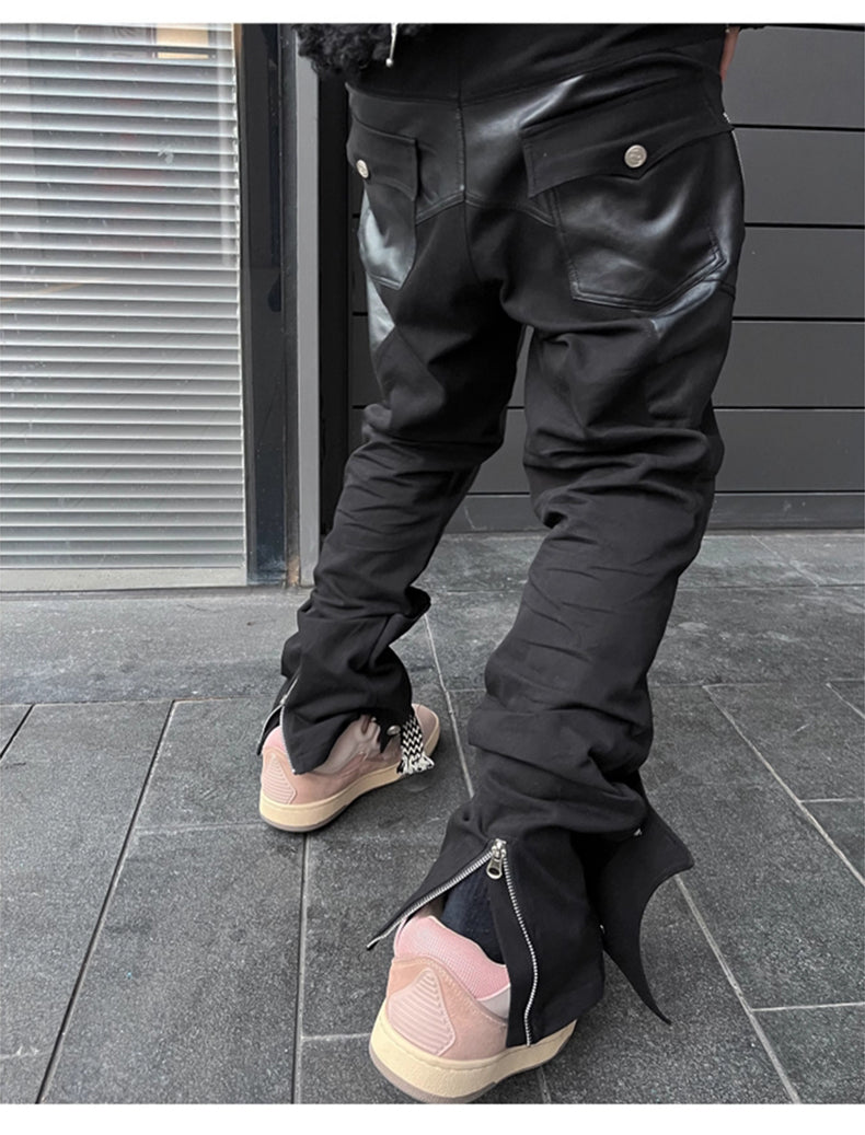 Black Patchwork Zipper Leather Pants