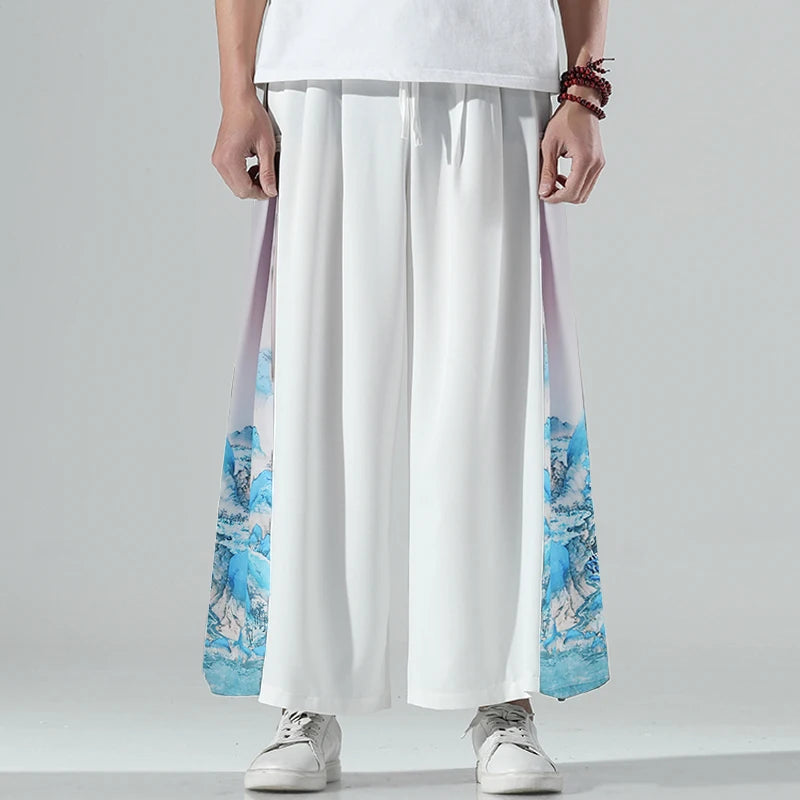 Printed On Side Loose Wide Leg Pants