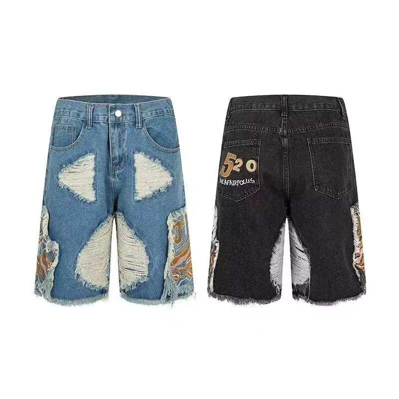Embroidery Patchwork Ripped Denim Shorts