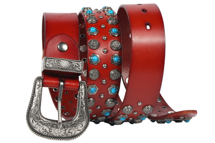 Turquoise Stone Decoration Genuine Leather Belt