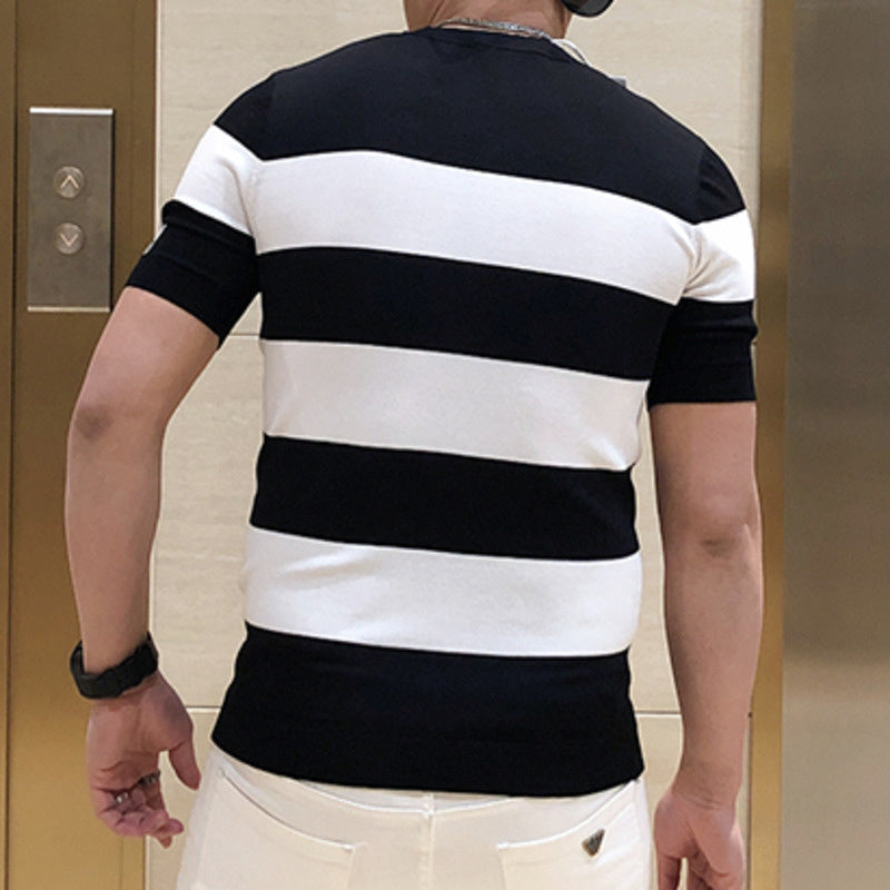 Stripe Embroidery Badge Polyester T-Shirt