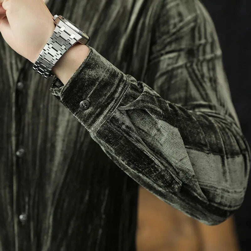 Solid Pleated Slim Fit Long Sleeve Shirt