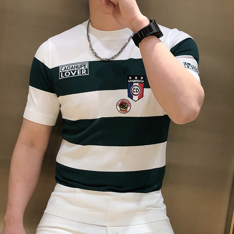 Stripe Embroidery Badge Polyester T-Shirt