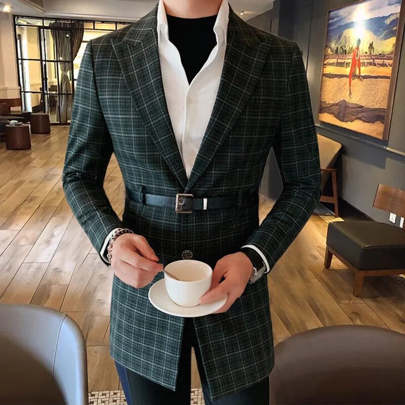 Plaid Pattern Belt Buckle Blazer