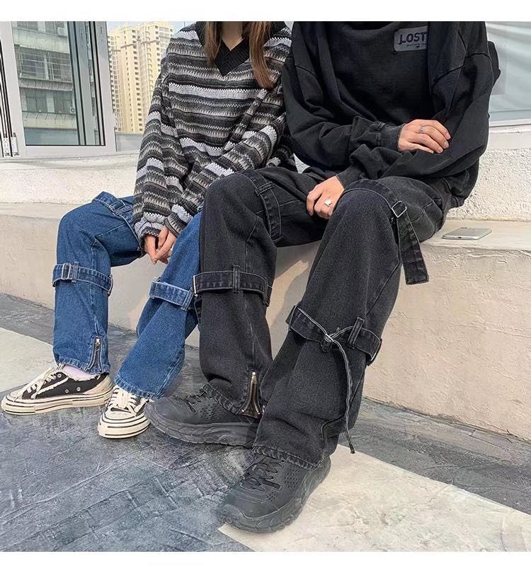 Buckle Solid Loose Jeans