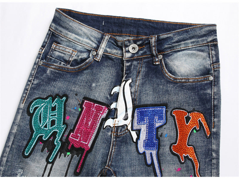 Rivets Bold Letter Slim Fit Jeans