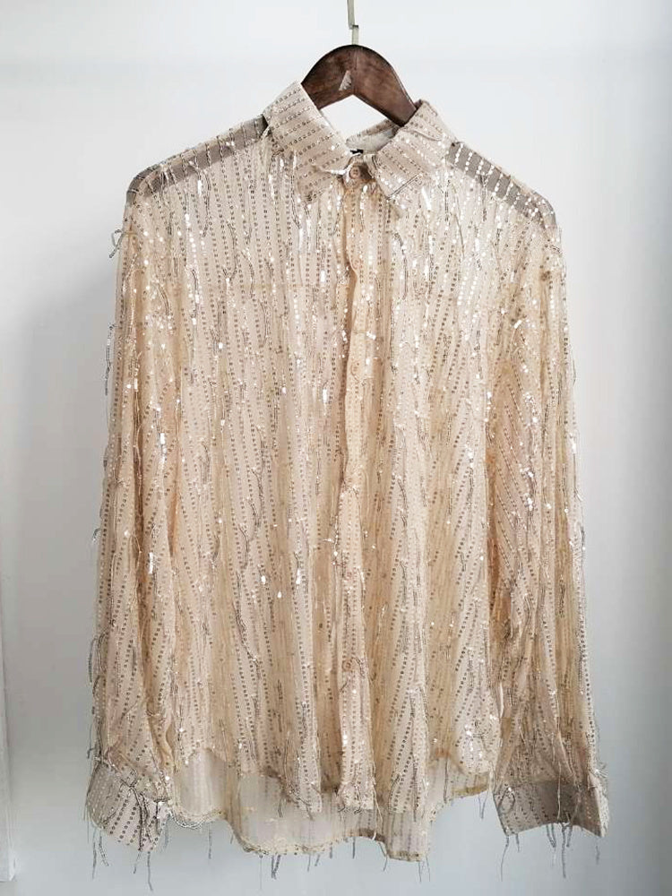 Irregular Sequin Tassel Bling Shirt