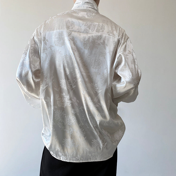 Chinese Pleated Stand Collar Shirt