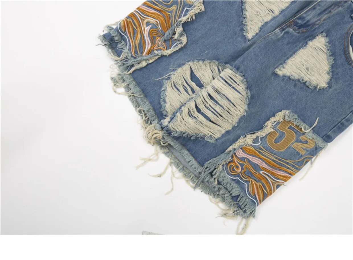 Embroidery Patchwork Ripped Denim Shorts