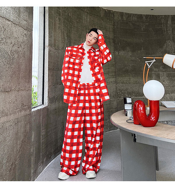 Ensemble de pantalons de couleur à carreaux blanc cramoisi