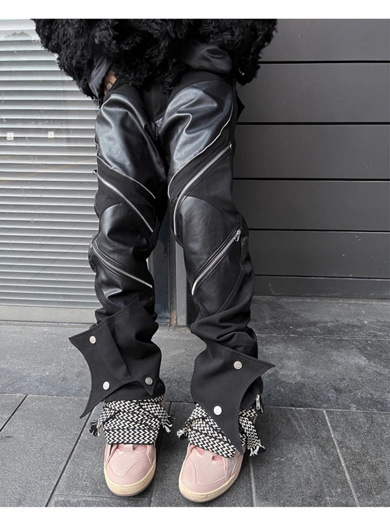 Black Patchwork Zipper Leather Pants