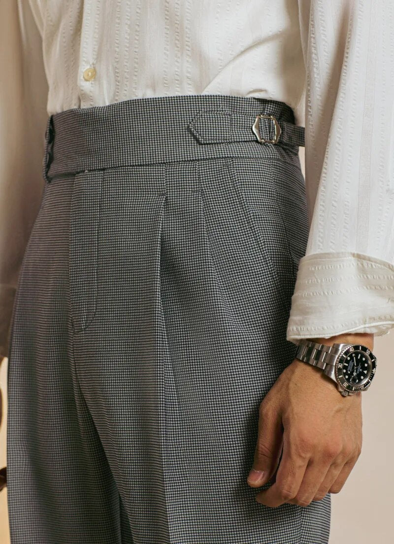 Black Mini Plaid Draped Trousers