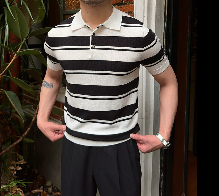 Color Contras Knit Striped Polo Shirt