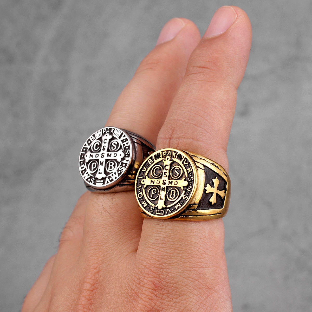 Saint Benedict Gold Black Cross Rings