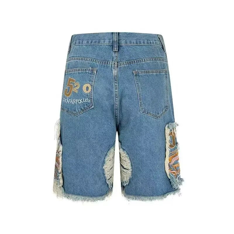 Embroidery Patchwork Ripped Denim Shorts