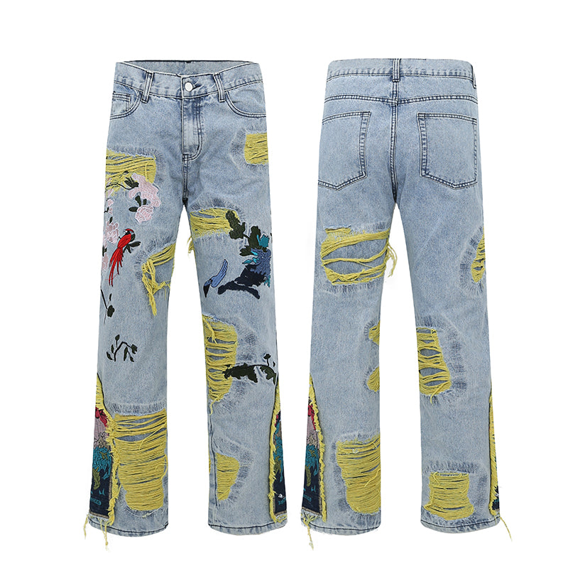 Streetwear Retro Embroidery Patchwork Men jeans