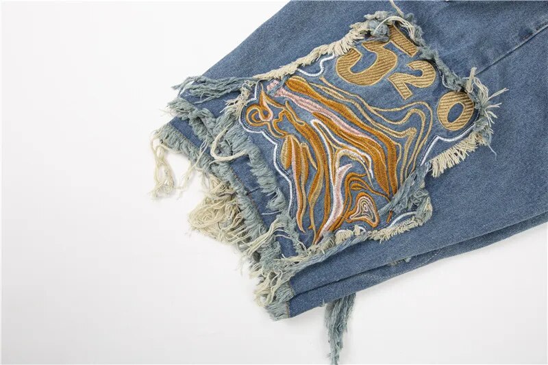 Embroidery Patchwork Ripped Denim Shorts