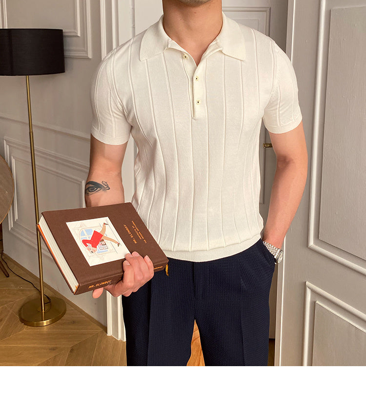 Striped Viscose Short Sleeve Polo Shirt