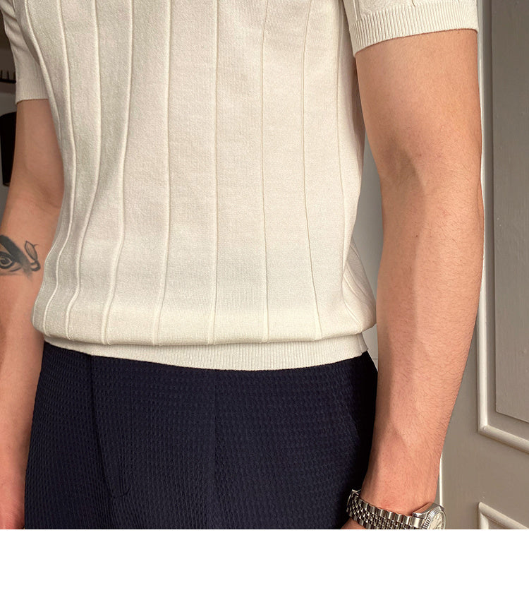 Striped Viscose Short Sleeve Polo Shirt