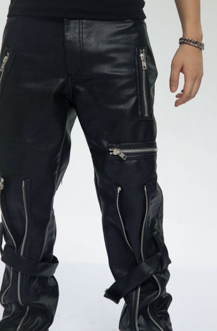 Black Pu Leather Zipper Pants