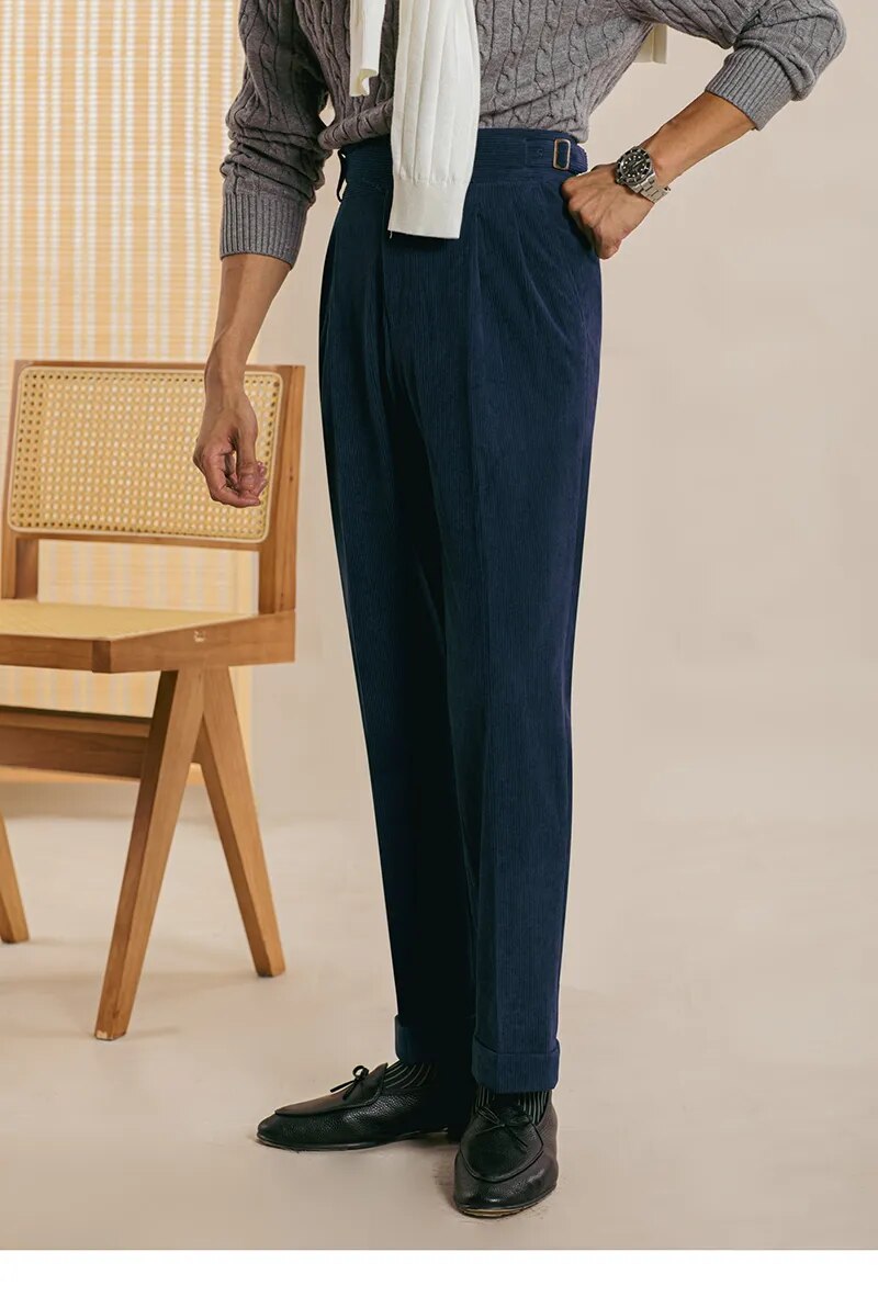 High Waist Side Buckle Corduroy Trousers