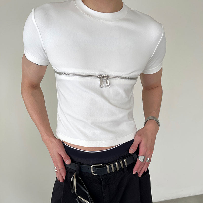 Zipper Solid Color Short Sleeve T-Shirt