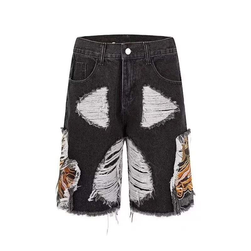 Embroidery Patchwork Ripped Denim Shorts