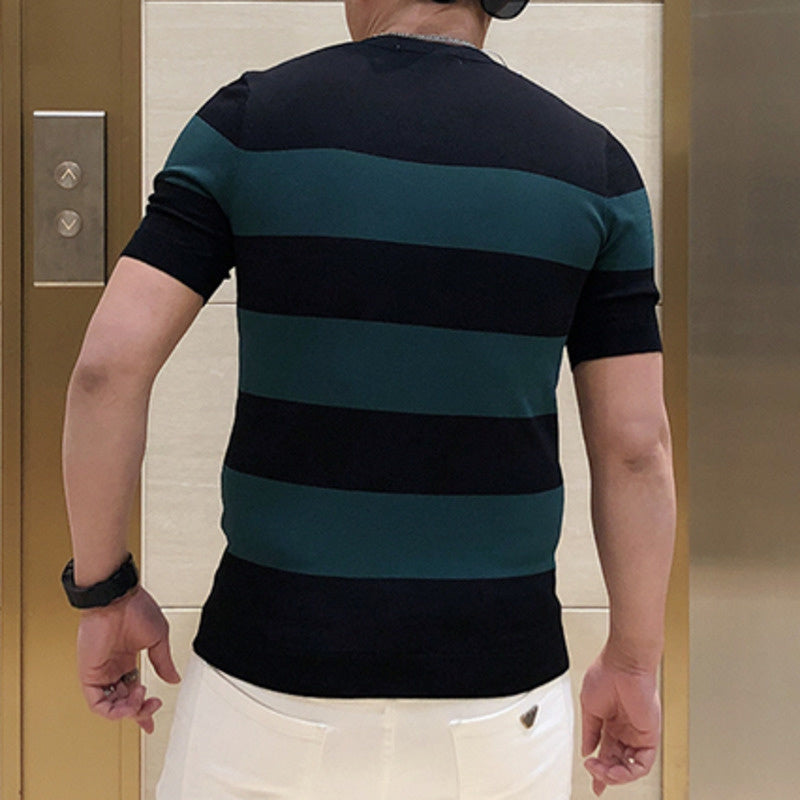 Stripe Embroidery Badge Polyester T-Shirt