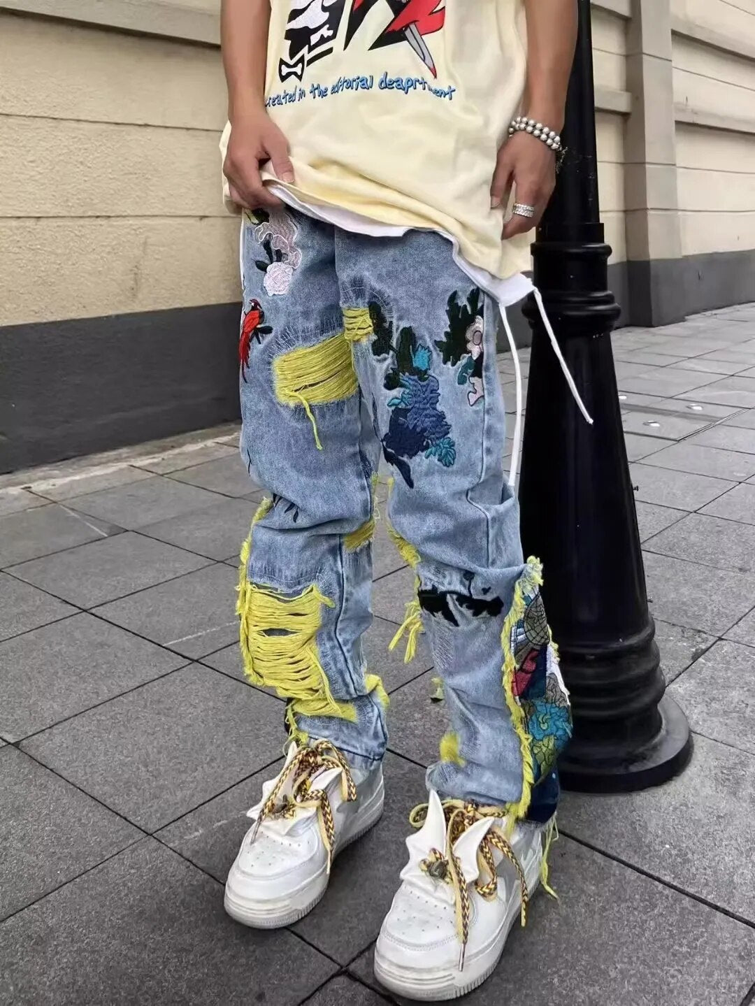 Embroidery Patchwork Ripped Jeans