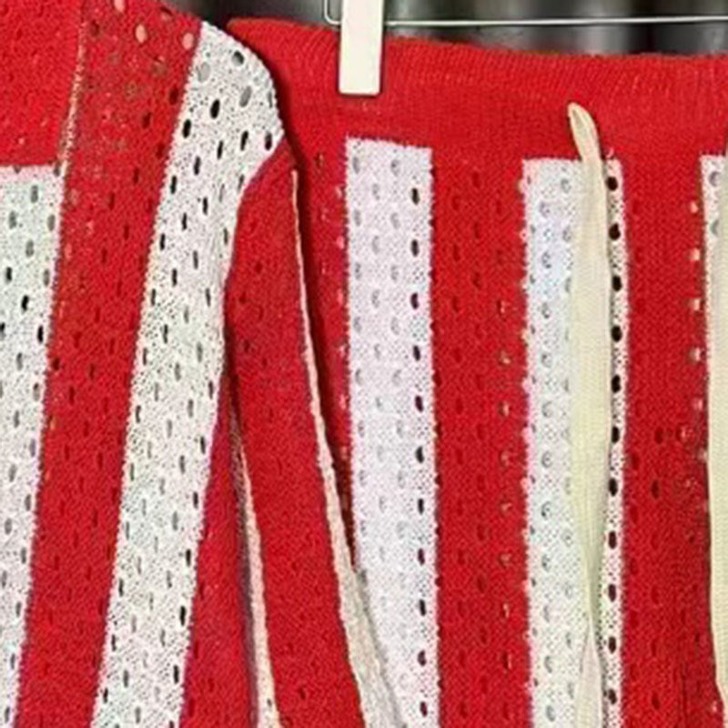 Contrasting Stripes Hollow Knitted Shorts Set