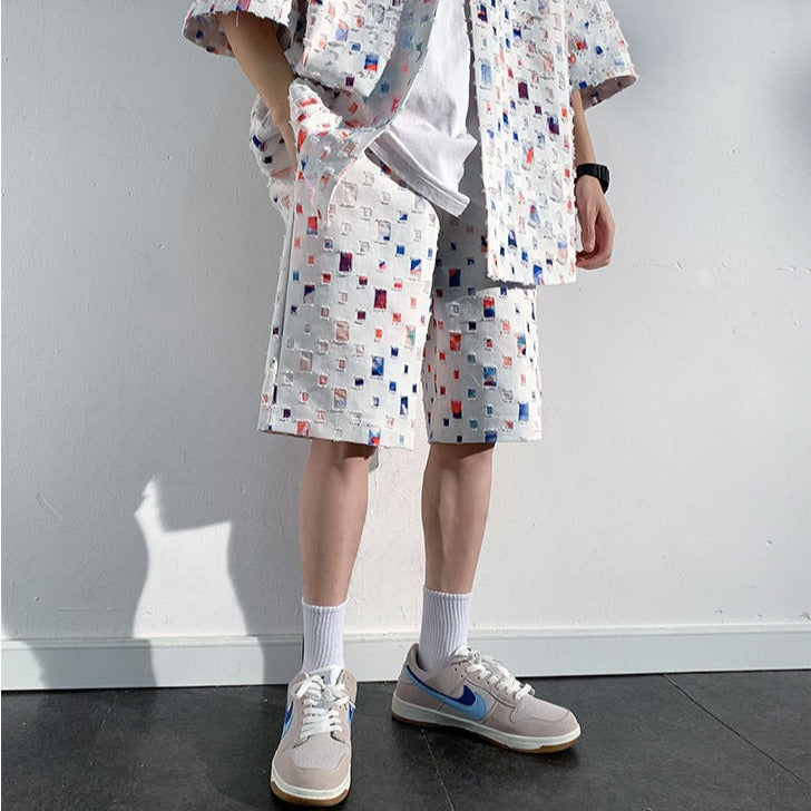 Ripped Patchwork Hollow Out Shorts Set