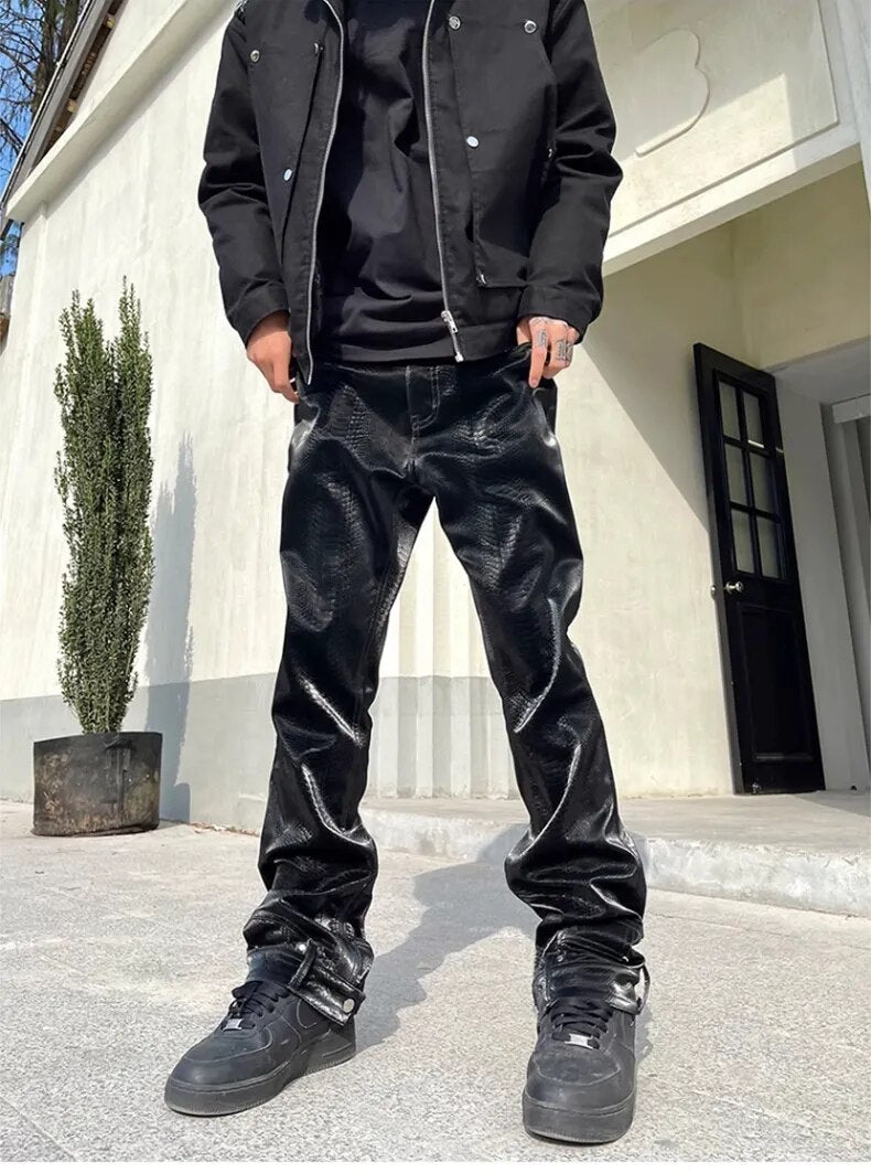 Snake Skin Pattern PU Leather Pants
