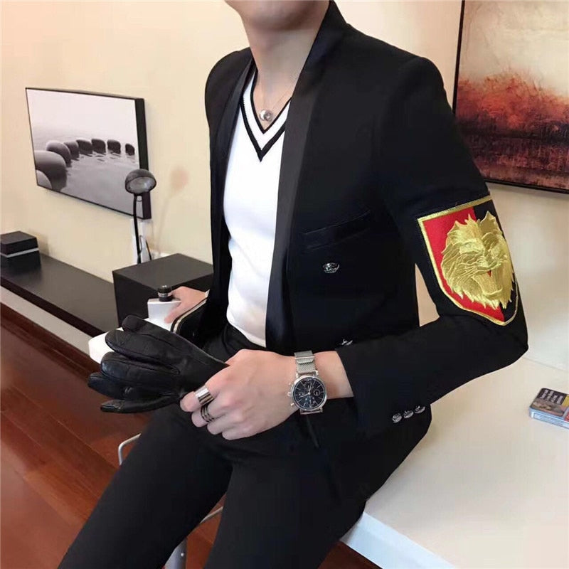 Black with Red Yellow Embroidery Badge Detail Men Blazer - FanFreakz