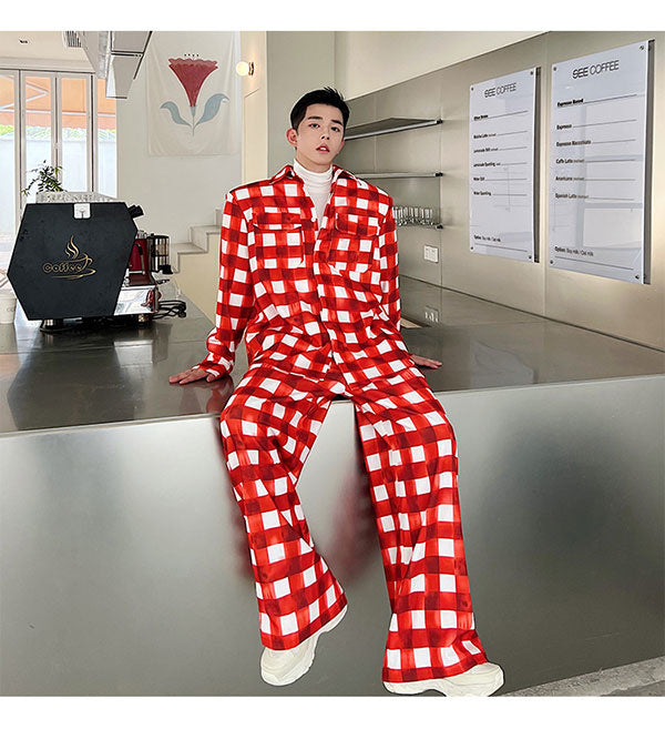 Ensemble de pantalons de couleur à carreaux blanc cramoisi