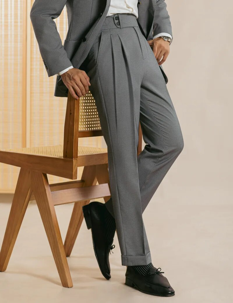 Black Mini Plaid Draped Trousers