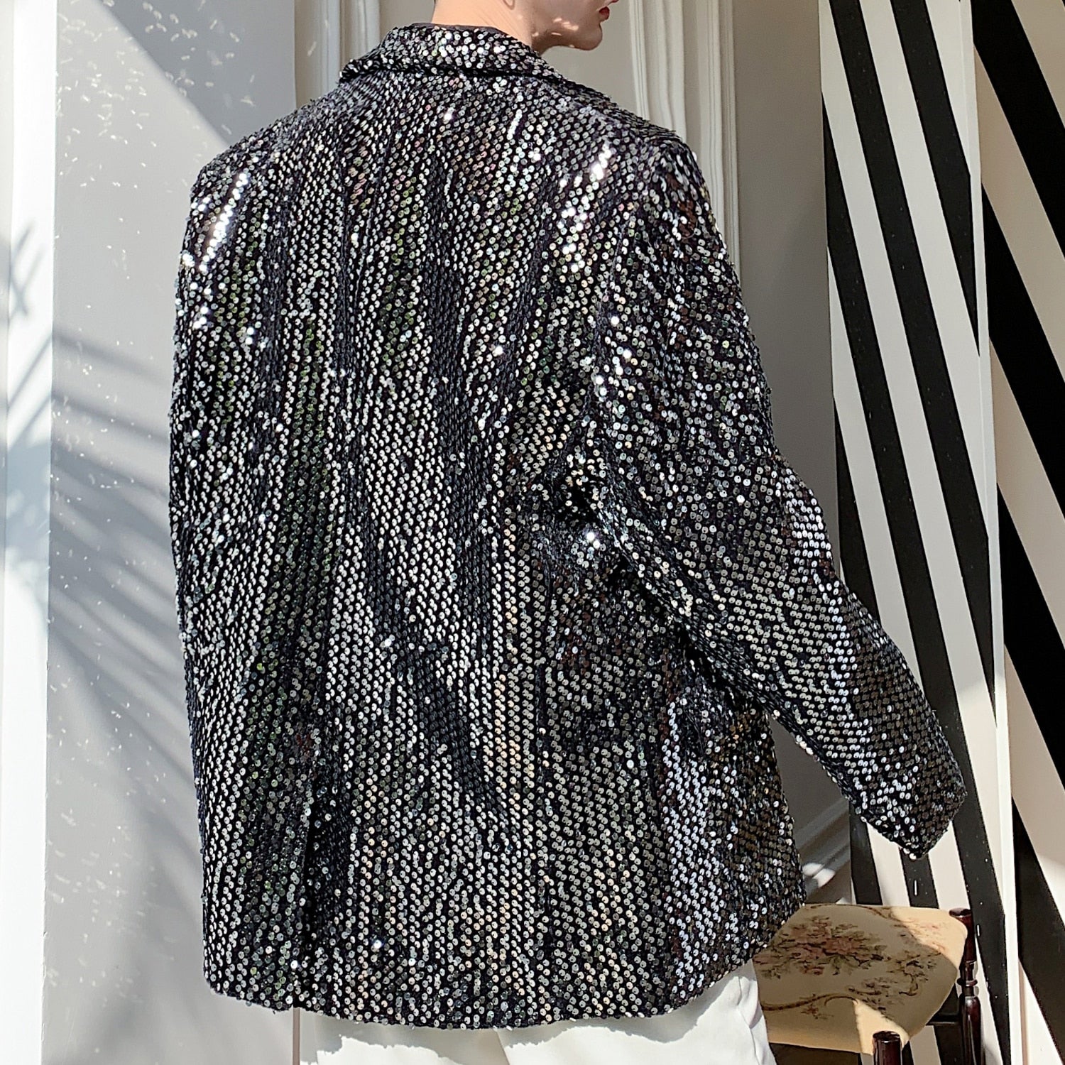 Sequin Blazer Men Casual Outerwear Silver Paillette
