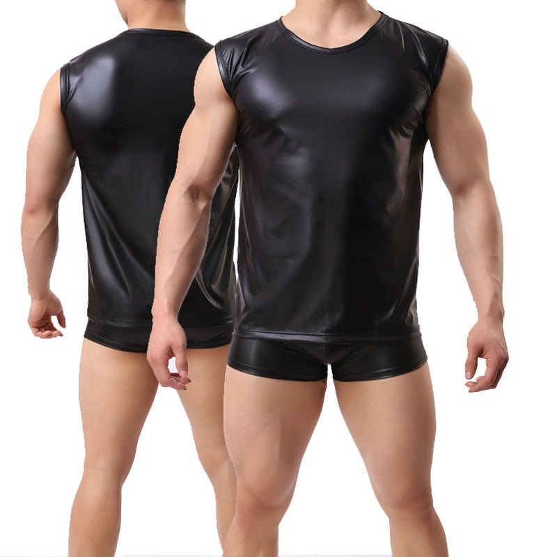 Men's Black PU Leather Undershirt