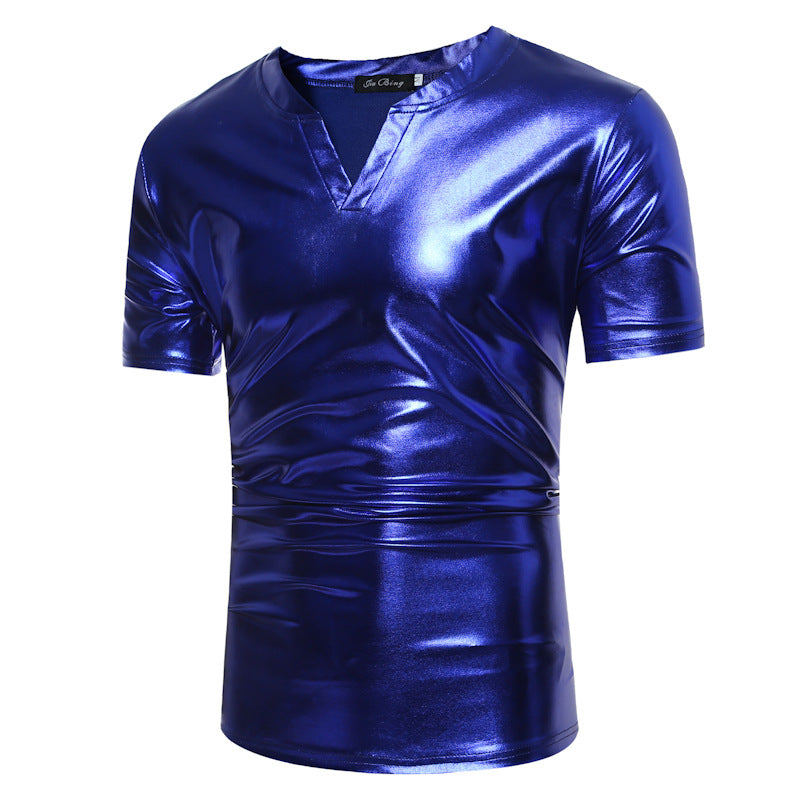 T-shirt pour hommes de style décontracté à col en V métallique enduit brillant