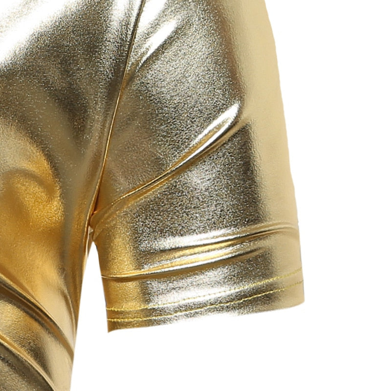 T-shirt pour hommes de style décontracté à col en V métallique enduit brillant