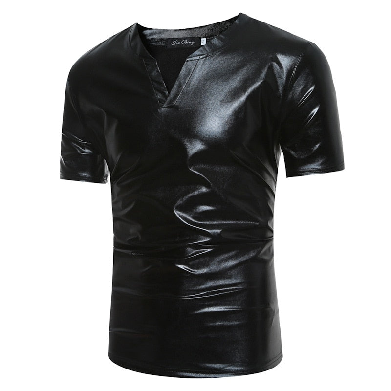 T-shirt pour hommes de style décontracté à col en V métallique enduit brillant