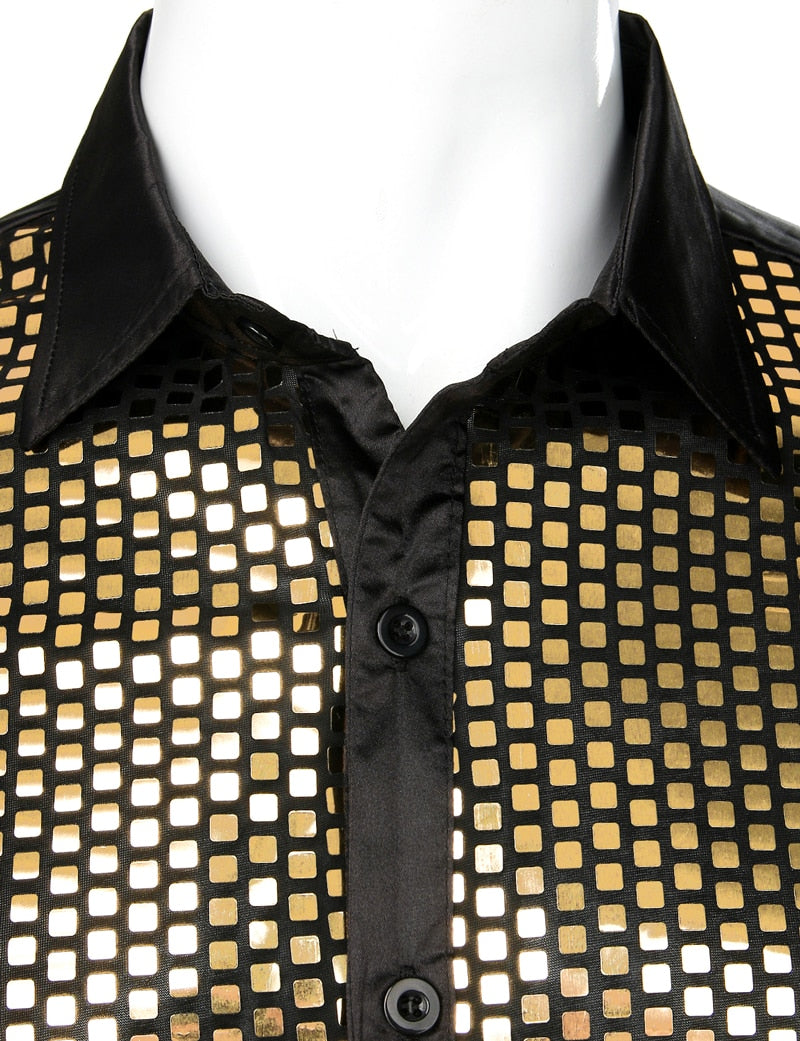 Chemise habillée en soie noire à sequins dorés brillants pour hommes