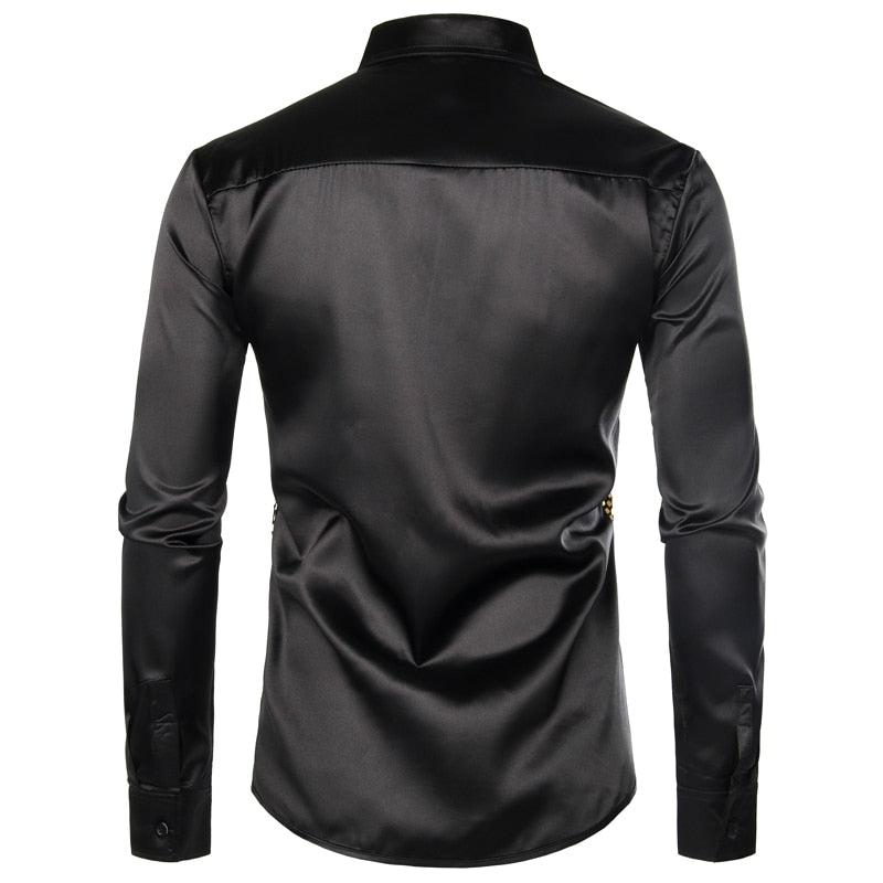 Chemise habillée en soie noire à sequins dorés brillants pour hommes