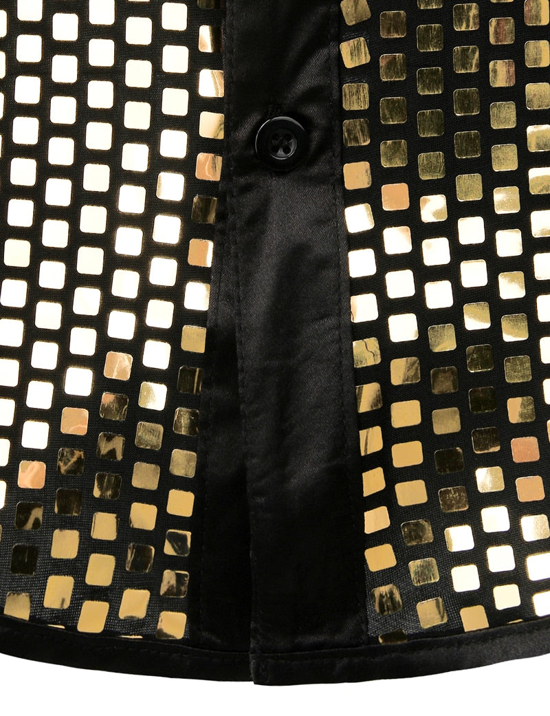 Chemise habillée en soie noire à sequins dorés brillants pour hommes