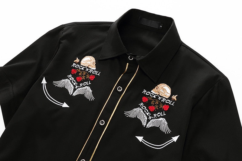 Rock N Roll Skulls Embroidery Decorated Shirt