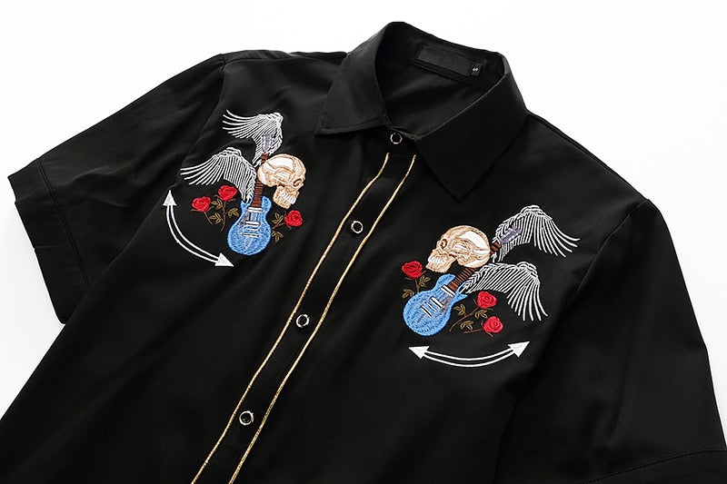 Skulls With Wings Embroidery Decorated Shirt