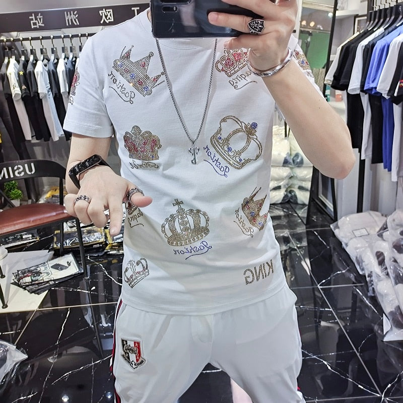 Multicolor Crowns Rhinestones Men Slim Fit T-Shirt